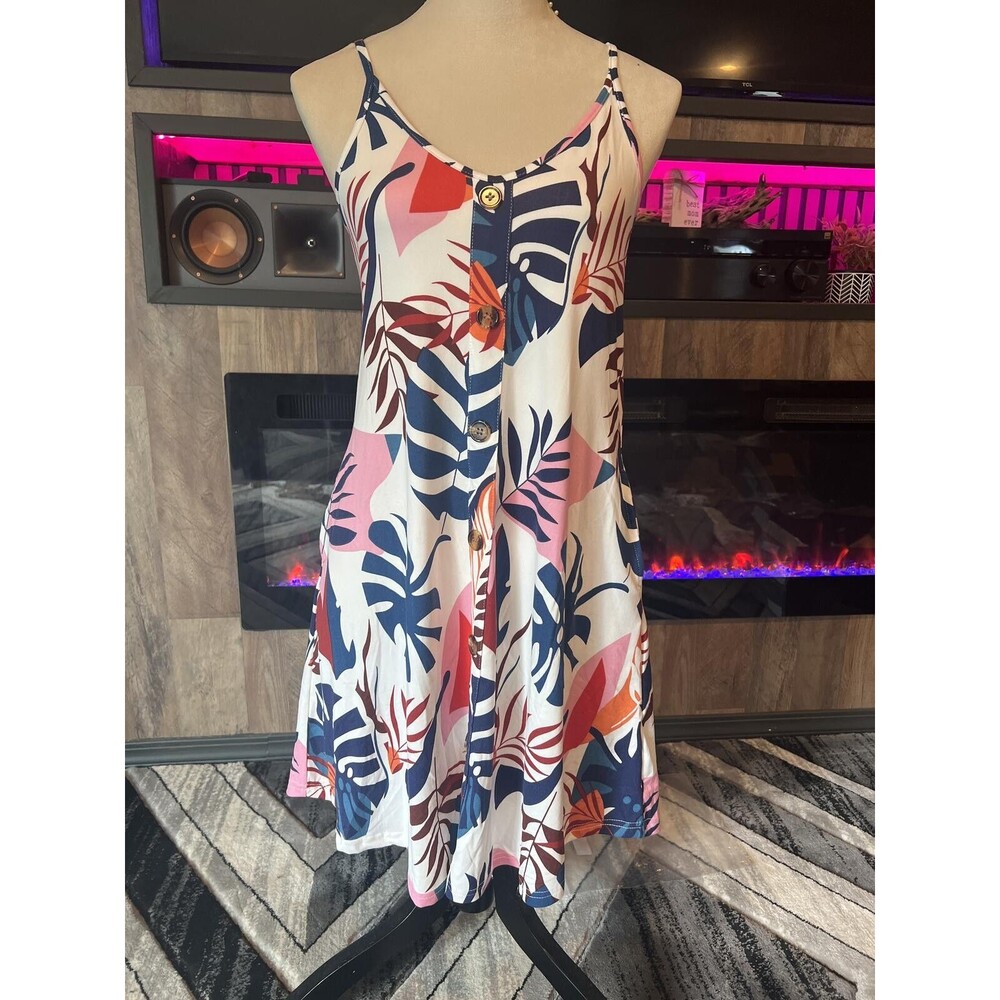 Women's Tropical Print Button Front Dress with Adjustable Straps - Size Small